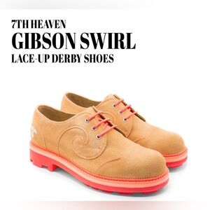 Fluevog LIKE NEW 7th Heaven Gibson Swirl tan suede w/ orange lace-up -M7.5/W9.5